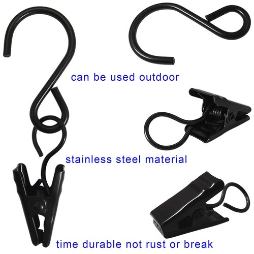 AMZSEVEN Stainless Steel S Hooks Curtain Clips, 50 Pack Hanging Party Lights Clips Hangers Gutter Photo, Art Craft Display, 2.4 Inch Long, Black