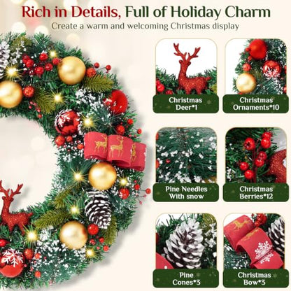 20-Inch Christmas Wreath with Lights Red & Green Reindeer Berries Cones Pine Needles - Front Door Decor