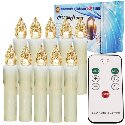LED Flameless 10-Piece Taper Candles with Remote – Dimmable, Battery Operated, Clip-on for Wreaths and Candelabras
