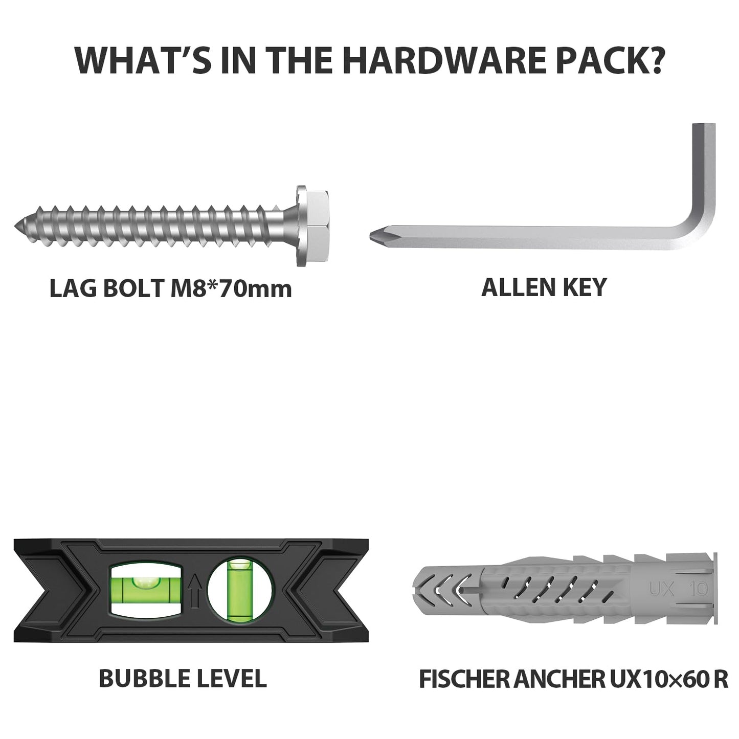 USX Mount Lag Bolt Kit - M8 Lag Bolts for Wood Studs & Fischer Anchors for Concrete Walls | Easy Installation Tools Included
