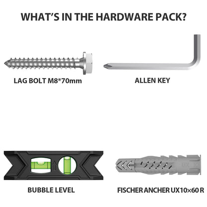 USX Mount Lag Bolt Kit - M8 Lag Bolts for Wood Studs & Fischer Anchors for Concrete Walls | Easy Installation Tools Included