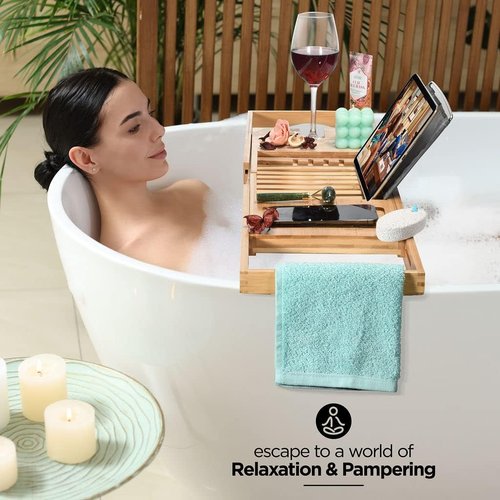 Luxury Foldable Bathtub Tray Caddy - Waterproof Wooden Organizer for Wine, Books & Phones | Fits Most Tubs