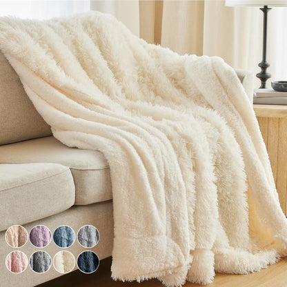 Connecticut Home Co Throw Blanket - Soft Fluffy Cozy Decor | 65x50 Cream Shag & Sherpa