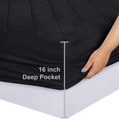 Utopia Bedding Quilted Fitted Mattress Pad - Twin Size Deep Pocket Protector | Machine Washable Black