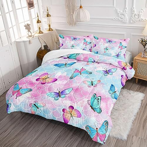 Datura home Kids Comforter Set Mermaid Scale Butterfly Printed Pattern Bedding Set with 1 Comforter and 2 Pillowcases for Girls Boys Bedroom All Season(Mermaid Full)