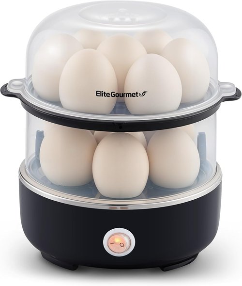 Elite Gourmet Easy Egg Cooker - Stainless Steel, Two-Tiered, 14-Egg Capacity, Auto Shut-Off | Black