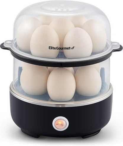 Elite Gourmet Easy Egg Cooker - Stainless Steel, Two-Tiered, 14-Egg Capacity, Auto Shut-Off | Black