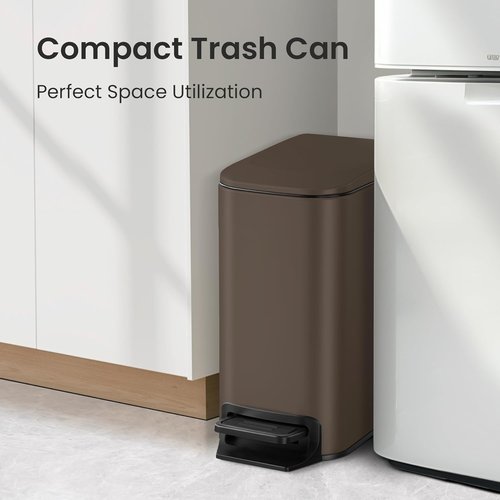 Cesun Small Bathroom Trash Can - Soft Close Lid & Step Pedal, 6L Stainless Steel | Anti-Fingerprint Finish (Brown)