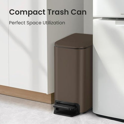 Cesun Small Bathroom Trash Can - Soft Close Lid & Step Pedal, 6L Stainless Steel | Anti-Fingerprint Finish (Brown)