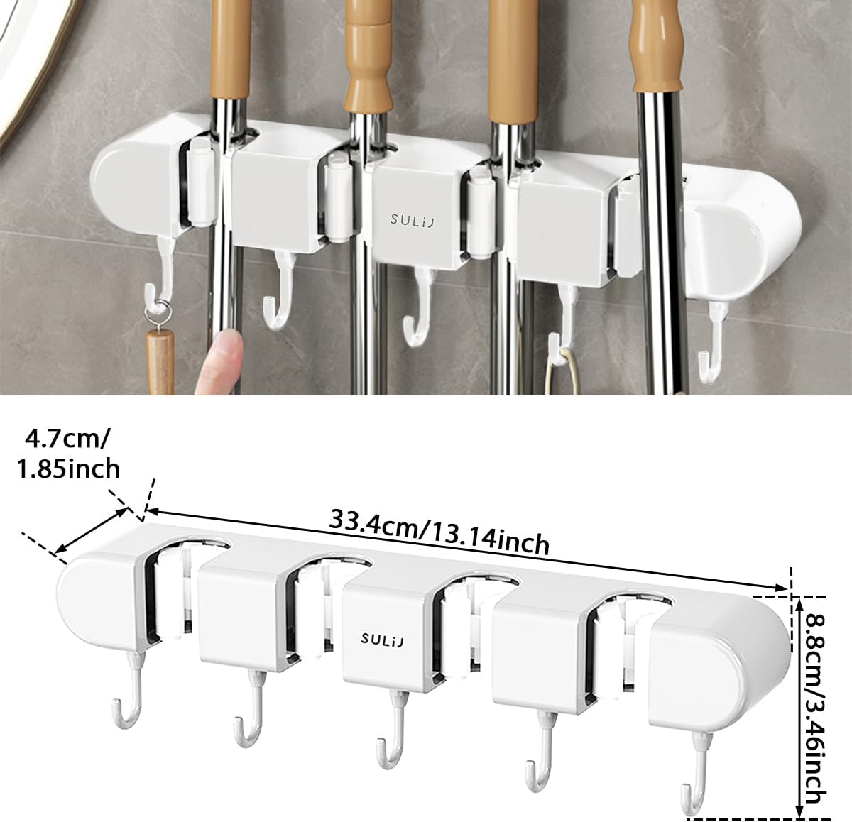 Broom Holder Wall Mount by 2Pcs - No-Drilling Self-Adhesive Storage Rack with Hooks | White, 4 Racks & 5 Hooks