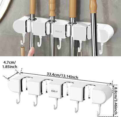 Broom Holder Wall Mount by 2Pcs - No-Drilling Self-Adhesive Storage Rack with Hooks | White, 4 Racks & 5 Hooks
