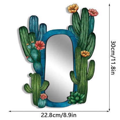 11.8in Wood Wall Mirror (Cactus) — Rustic Natural Wood Frame, Horizontal or Vertical Mount