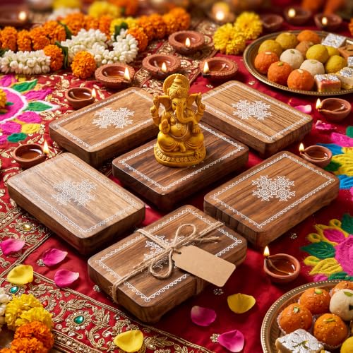 Wooden Pooja Stand Set of 6 with Kolam Pattern - Diwali & Religious Gifts, 15 x 9 cm