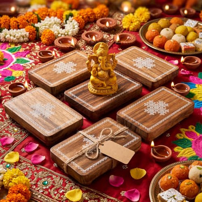 Wooden Pooja Stand Set of 6 with Kolam Pattern - Diwali & Religious Gifts, 15 x 9 cm