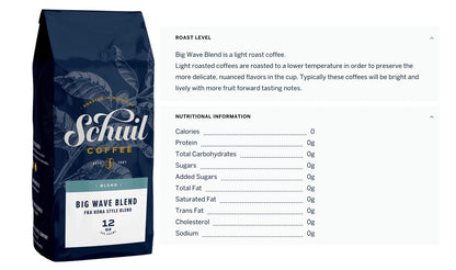 Big Wave Blend, Schuil Whole Bean Coffee, Fair Trade, Premium Light Roasted Gourmet Whole Coffee Beans (12 Ounce Bag) Formerly Known as Kona Style Blend - Small Batch Coffee Beans, Smooth and Full Bodied, Light Roast, Specialty Coffee