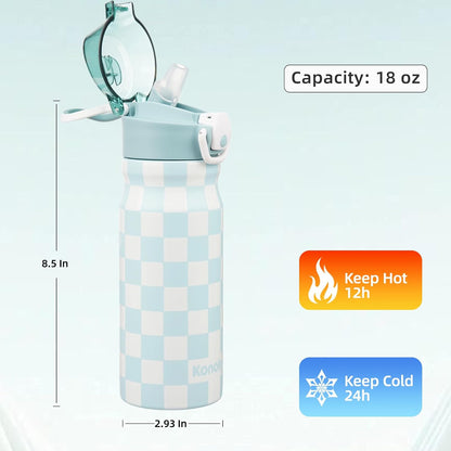 Skiennix Insulated Water Bottle - 18 oz Stainless Steel Flask with Straw & Carry Loop | Blue White Plaid