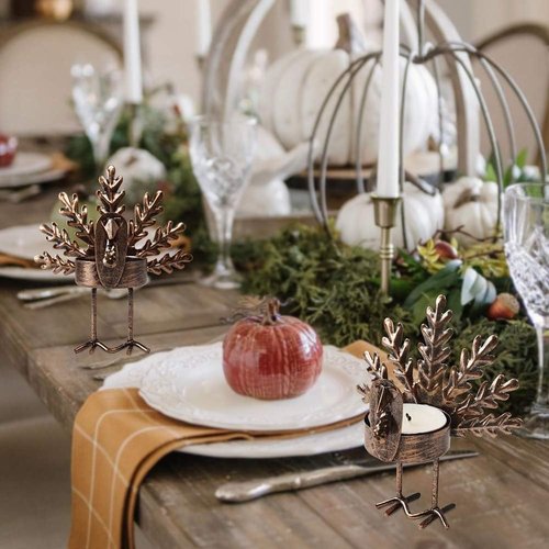 FORUP Metal Turkey Tea Light Candle Holders - 6 Pack for Thanksgiving Table Decor