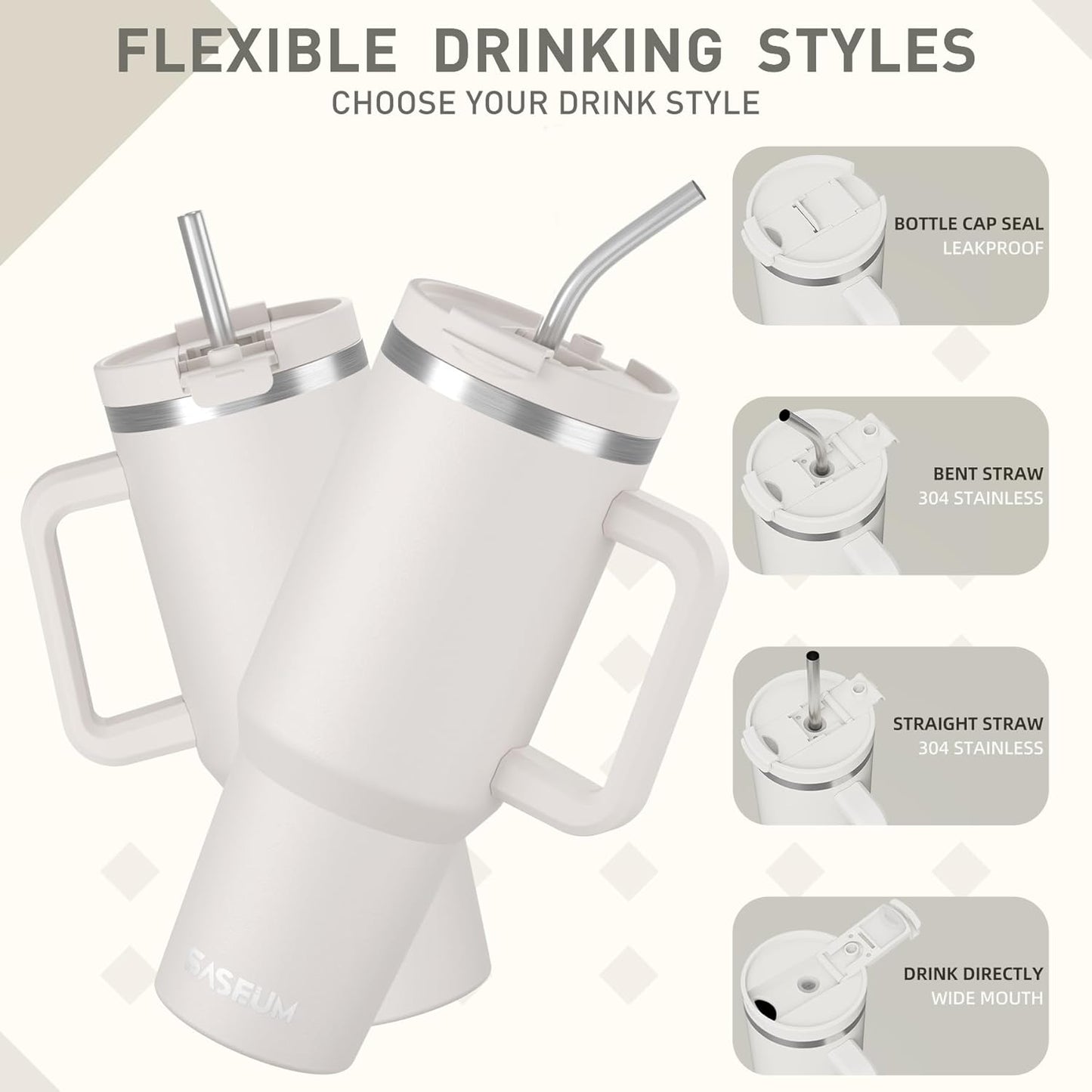 SASEUM 40 Oz Stainless Steel Tumbler - Insulated Water Bottle with Handle & Lid | BPA-Free, White