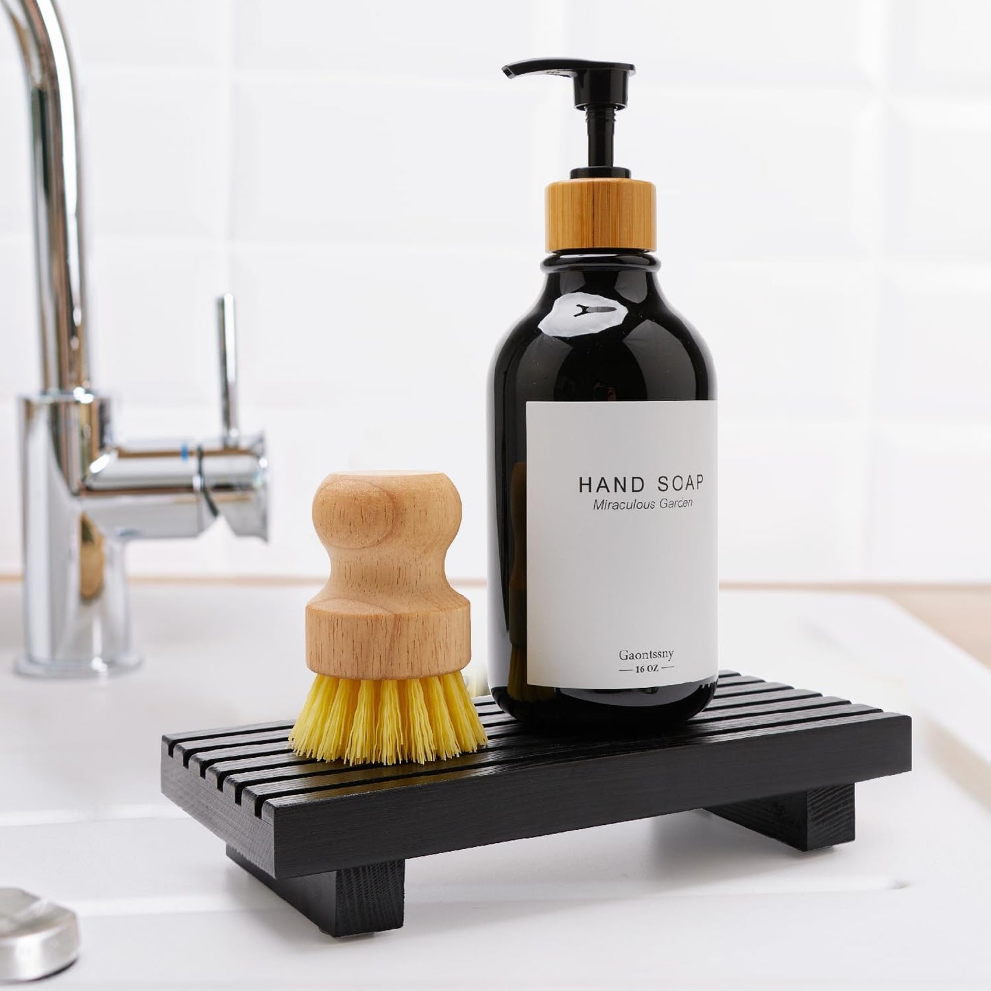Regine Switzerland Small Bathroom Counter Organizer Tray - Decorative Wooden Pedestal Stand | Black Soap Holder