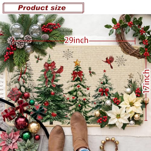 Christmas Doormat 17x29 Inch Winter Red Bow Pine Forest Farmhouse Welcome Rug - Variation: Pine Forest & Red Bow / 1.5x2.5 ft