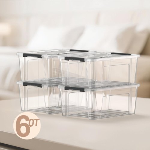 Clear 9-Pack Plastic Storage Bins - Stackable 6 Quart Containers with Lids & Latch Buckle