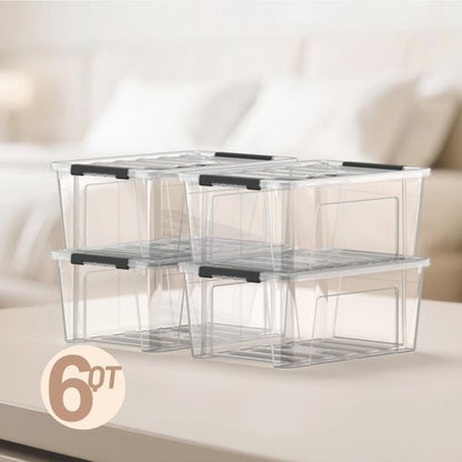 Clear 9-Pack Plastic Storage Bins - Stackable 6 Quart Containers with Lids & Latch Buckle