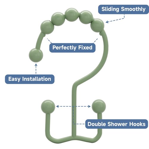 Titanker Shower Curtain Hooks Rings, Rust-Resistant Metal Double Glide Shower Hooks for Bathroom Shower Rods Curtains, Set of 12 Hooks - Sage Green