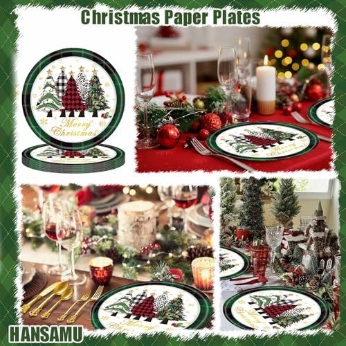 Christmas Green Plaid Paper Plates Set of 24 - Holiday Disposable Dinnerware