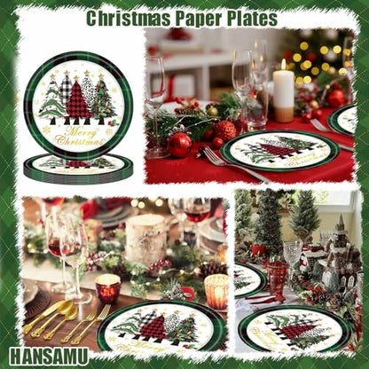Christmas Green Plaid Paper Plates Set of 24 - Holiday Disposable Dinnerware