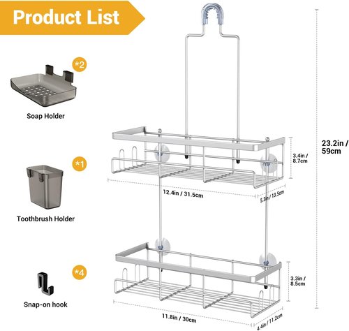 AKTECKE Shower Caddy - Rustproof Hanging Bathroom Organizer | No-Drill Shelf for Shampoo & Soap - Chrome Finish