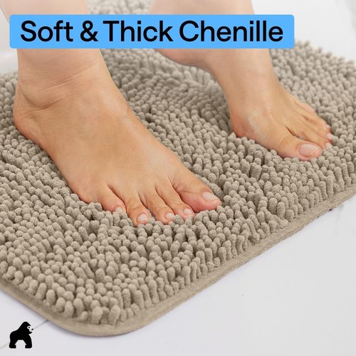 GORILLA GRIP Bath Rug Mat - Thick Absorbent Chenille | Quick Dry Microfiber, 44x26, Gray Beige