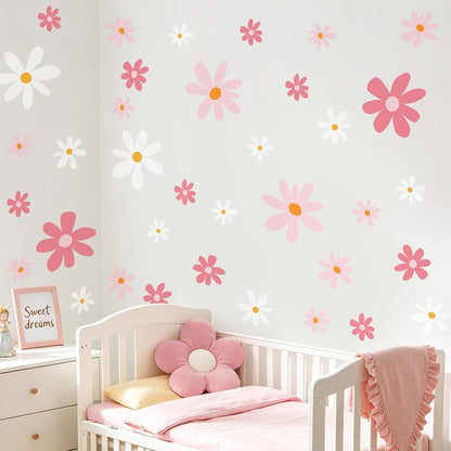 9 Sheets Pink and White Daisy Flower Wall Decals for Girls Bedroom - Variation: Pink and White