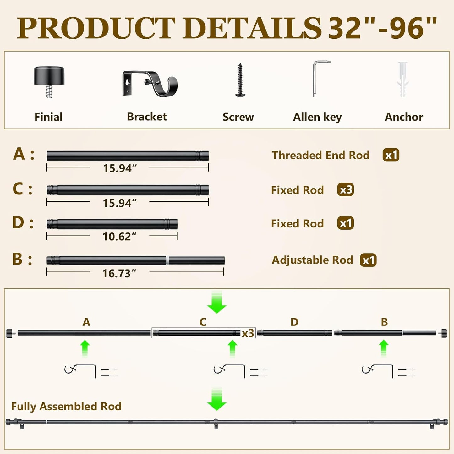 Skiennix Adjustable Black Curtain Rod Set - 32-96 Inch for Easy Installation | Includes Brackets