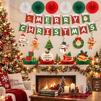 Christmas Decorations Set - Red White Green Xmas Banner Paper Fans Swirls & Honeycomb