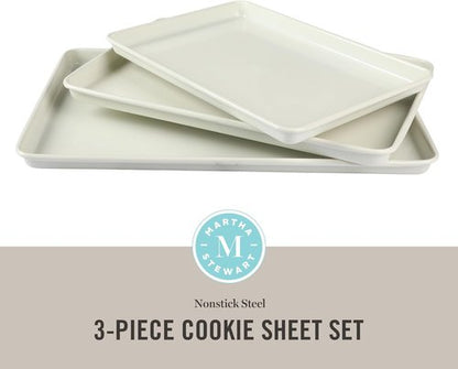 Martha Stewart Gallen 3-Piece Cookie Sheet Set | Ceramic Nonstick Baking Pans - 13", 15", 17" - Oven Safe to 450°F, Easy to Clean