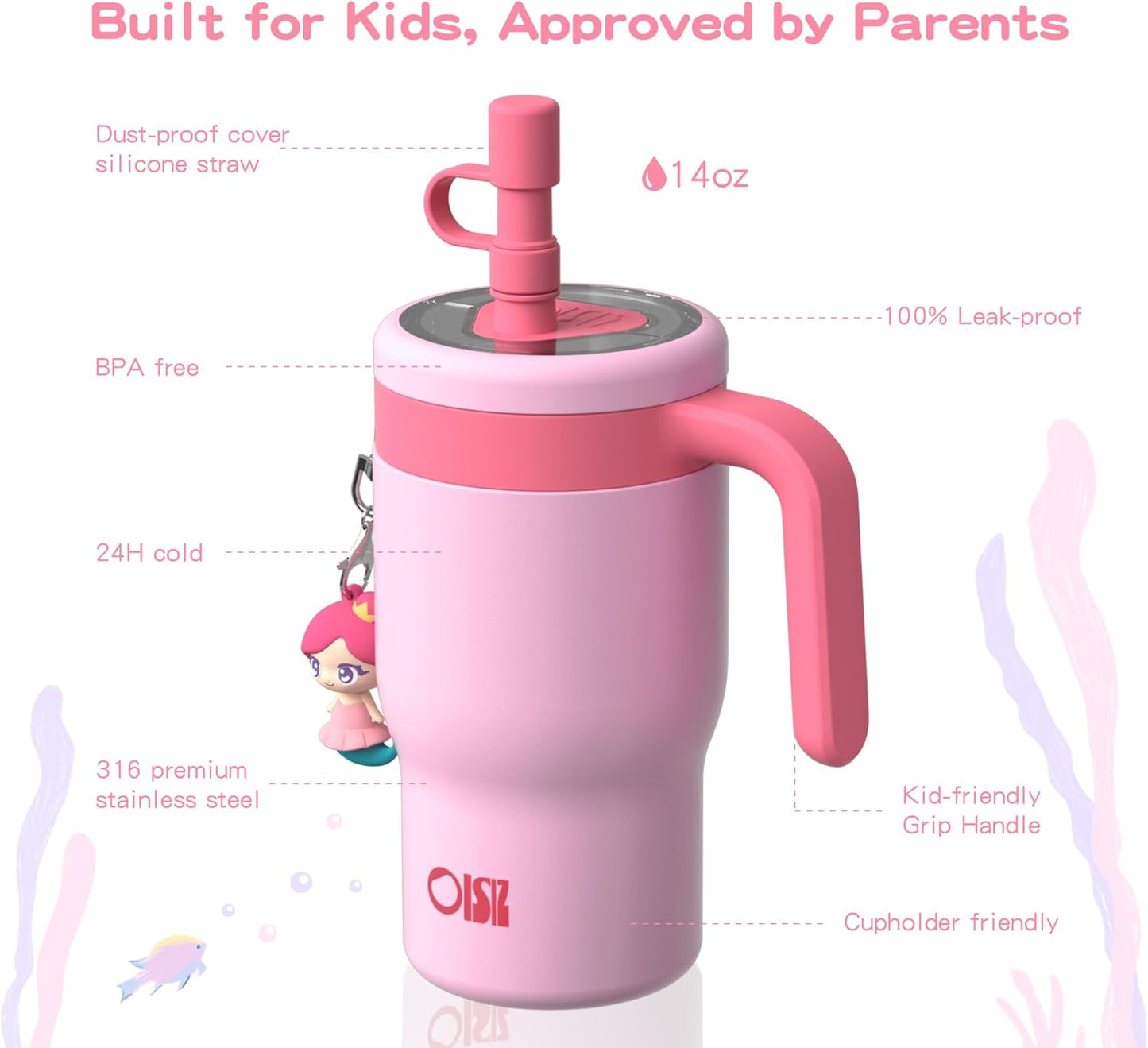 OISIZ 14oz Kids Tumbler - Leakproof Stainless Steel Cup with Straw Lid & Handle | Pink