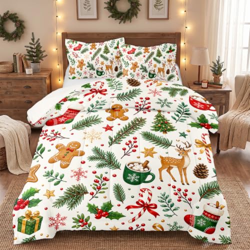 Christmas Queen Comforter Set for Girls - Holiday Tree Bedding, White & Green, Queen Size
