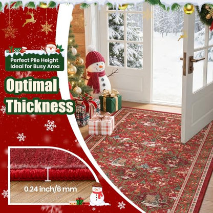 3x8 Red Christmas Runner Rug for Hallway & Kitchen Washable Non-Slip
