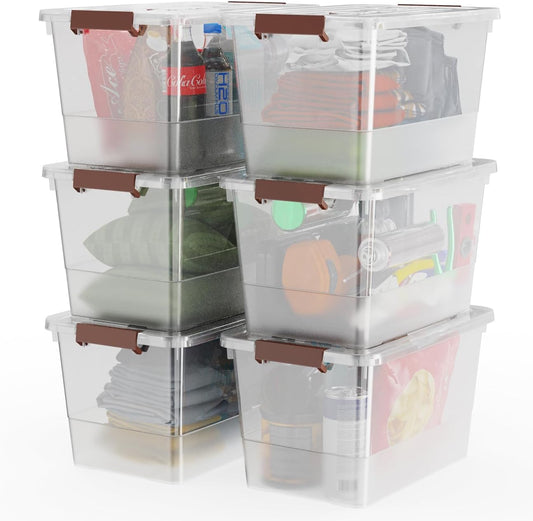WYT 32 Qt Clear Plastic Storage Bins - Durable Lids & Latching Buckle | 6-Pack Stackable Tote Boxes