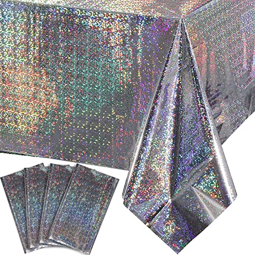 Silver Iridescent Plastic Tablecloths 4 Pack - Shiny Disposable Rectangular Covers