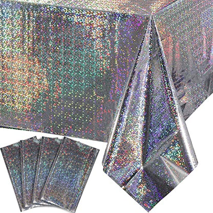 Silver Iridescent Plastic Tablecloths 4 Pack - Shiny Disposable Rectangular Covers