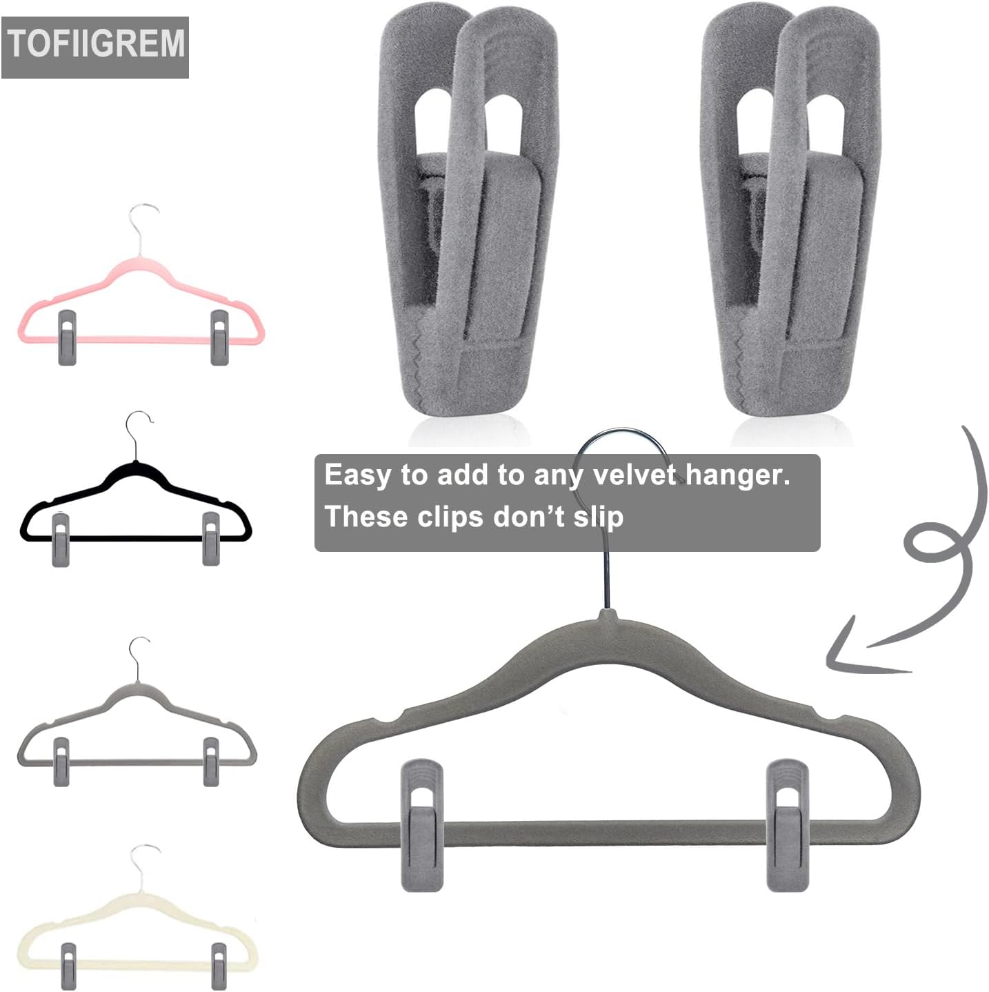 TOFIIGREM Grey Velvet Clips - 20 PCS Non-Slip Clips for Slim Velvet Hangers | Ideal for Pants and Clothes