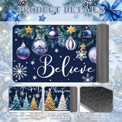 Christmas Kitchen Mats - Blue and Gold Xmas Tree Non-Slip Rugs, Set of 3 with Variation Xmas Tree