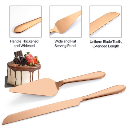 Wedding Cake Knife and Server Set, Integral Stainless Steel Longer Cake Cutter and Wider Pie Spatula, Elegant Cake Cutting Serving Set for Party Birthday Christmas Bridal Shower Set of 2, Rose Gold