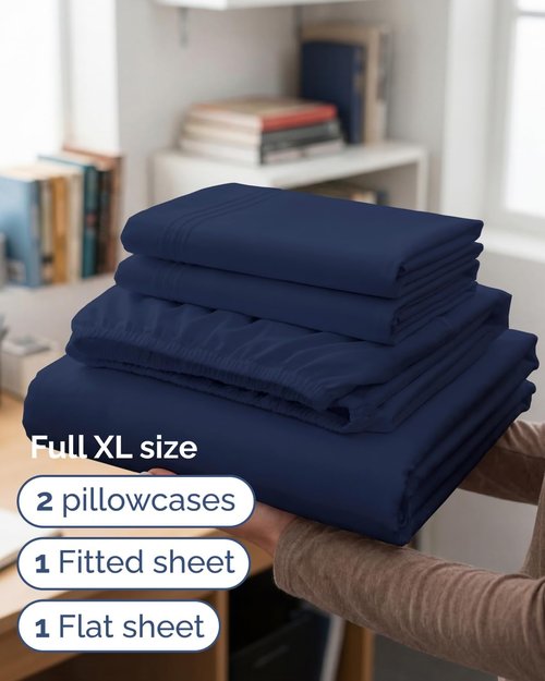 Full XL Bed Sheet Set by Hotel Luxury | 4-Piece Soft, Breathable & Cooling Bedding - Deep Pockets, Navy Blue