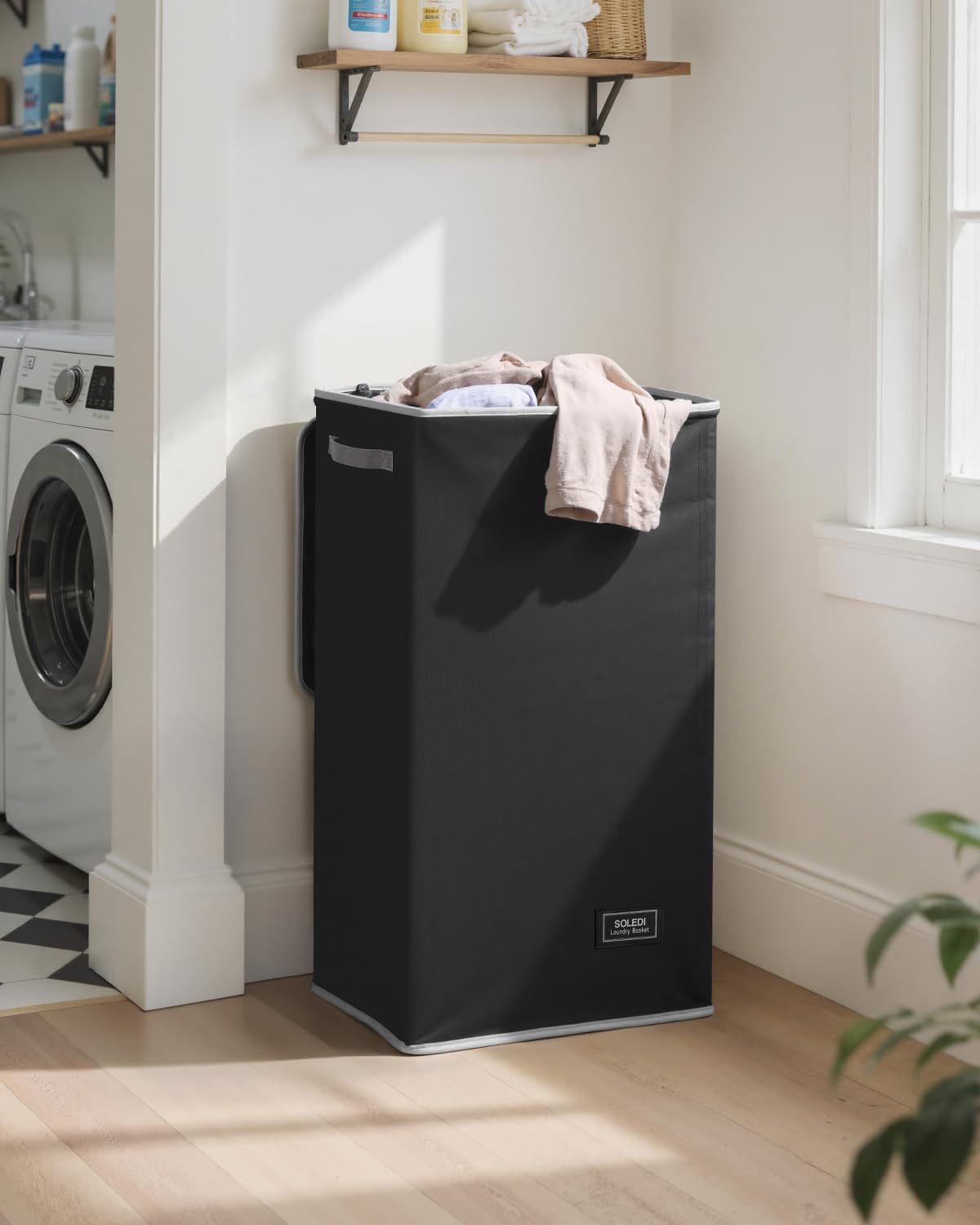 SOLEDI Laundry Hamper - 100L Black Collapsible Basket with Lid & Removable Bag for Clothes Storage