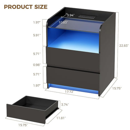 Night Stand with Charging Station and LED Lights - 2 Drawers, Glass Top