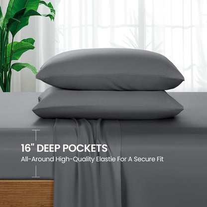 SONORO KATE Queen Size Bamboo Viscose Sheets - Ultra Breathable & Cooling 4PC Set (Dark Grey)
