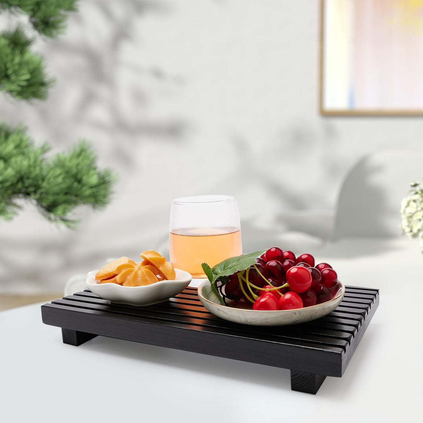 Regine Switzerland Small Bathroom Counter Organizer Tray - Decorative Wooden Pedestal Stand | Black Soap Holder