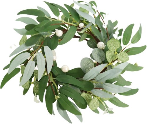 Greenery Candle Rings by [Brand Name] - 4-Inch Artificial Eucalyptus Wreaths with Pearl Berries | Boho Decor for Weddings & Home
